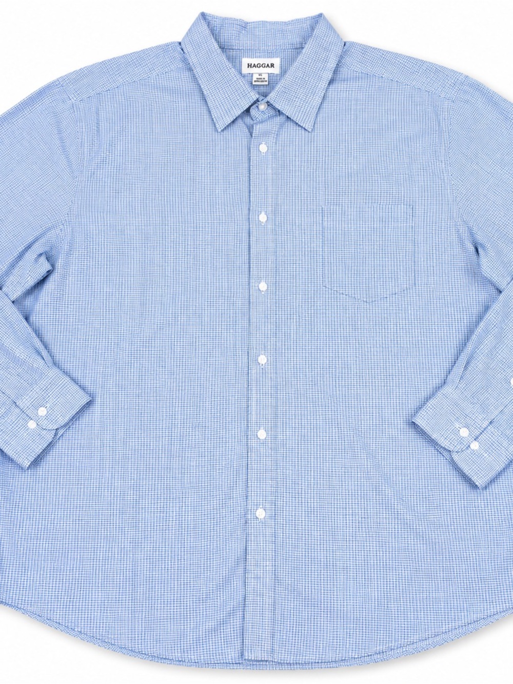 Haggar XL Blue Micro Check Long Sleeve Button Front Dress Shirt Mens